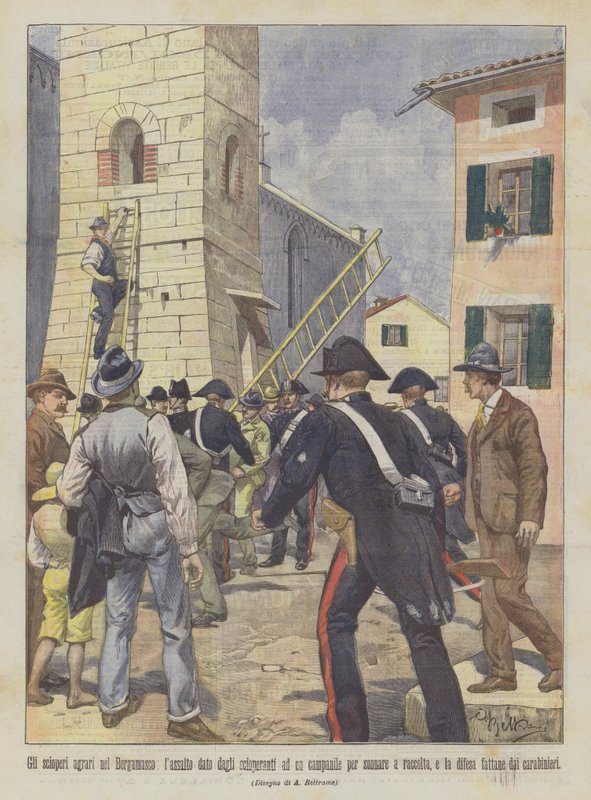 Agrarstreikene i Bergamo-området, angrepet gitt av de streikende til et klokketårn for å ringe? av Achille Beltrame
