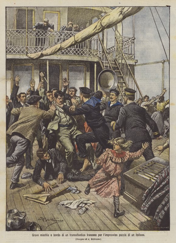 Alvorlig nærkamp ombord på en fransk havbåt på grunn av den plutselige galskapen til en italiener av Achille Beltrame