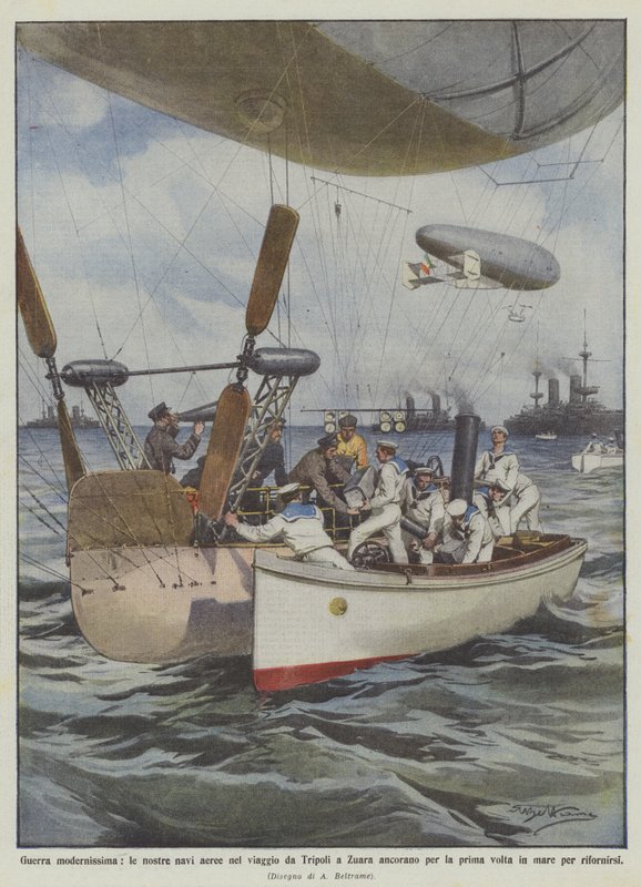 State-of-the-art krigføring, våre luftskip på turen fra Tripoli til Zuara anker for første gang? av Achille Beltrame