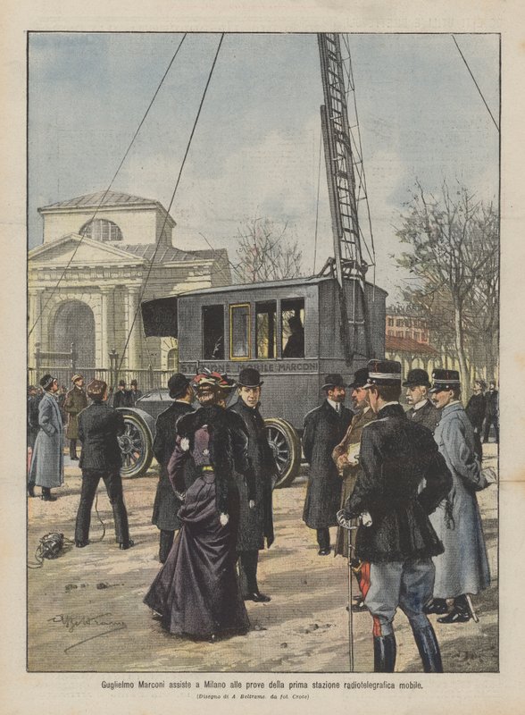 Guglielmo Marconi deltar på prøven til den første mobile radiotelegrafstasjonen i Milano av Achille Beltrame