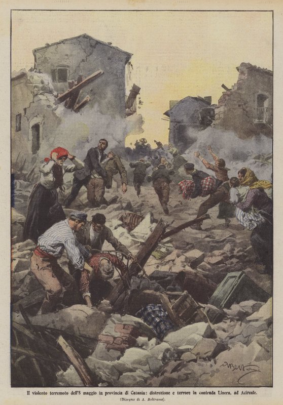 Det voldsomme jordskjelvet 8. mai i provinsen Catania, ødeleggelse og terror i Linera-distriktet i Acireale av Achille Beltrame