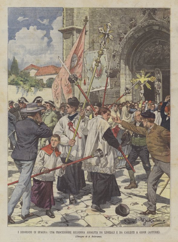 Opptøyene i Spania, en religiøs prosesjon angrepet av liberale og karlister i Gijon (Asturias) av Achille Beltrame