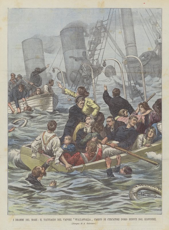 The Dramas of the Sea, The Shipwreck of the Steam Wallawalla lastet med søkere fra Klondike av Achille Beltrame