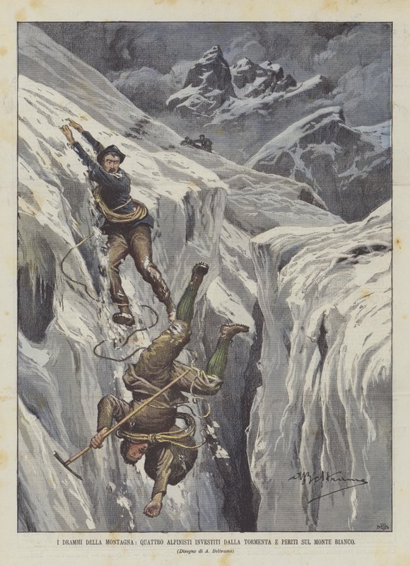 The Dramas Of the Mountain, Fire Alpinister rammet av snøstormen og eksperter på Mont Blanc av Achille Beltrame