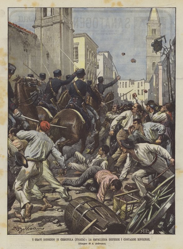 De alvorlige lidelsene til Cerignola (Foggia), kavaleriet sprer de opprørske bøndene av Achille Beltrame