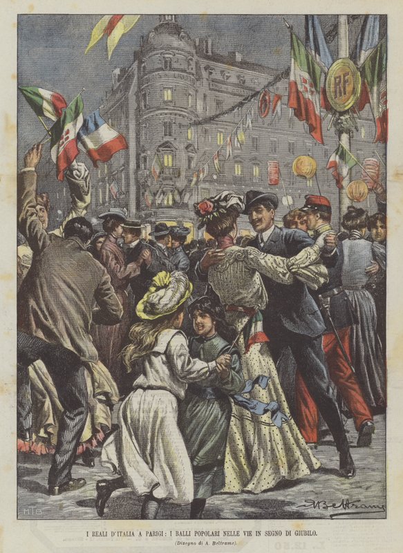 De kongelige i Italia i Paris, folkedanser i gatene som et tegn på jubileum av Achille Beltrame
