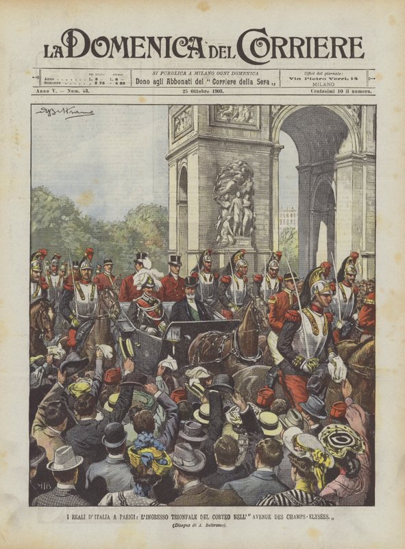 De kongelige i Italia i Paris, den triumferende inngangen til prosesjonen på Avenue Des Champs-Elysees av Achille Beltrame