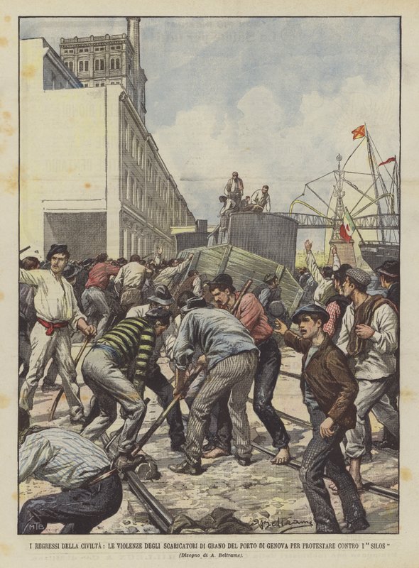 Sivilisasjonens regress, volden til kornlossere i havnen i Genova for å protestere mot siloene av Achille Beltrame