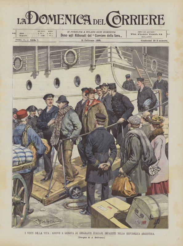 Livets tapere, ankomst til Genova av italienske emigranter gale i den argentinske republikken av Achille Beltrame