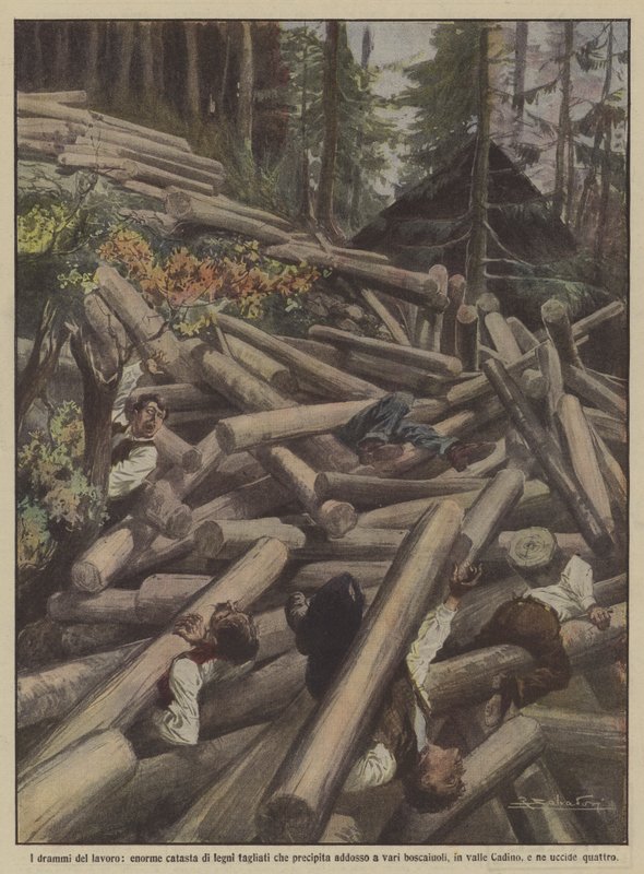 Arbeidets dramaer, en enorm haug med kuttet ved som faller på ulike tømmerhoggere? av Achille Beltrame