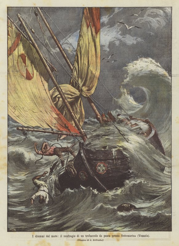 Havets dramaer, forliset til en fiskelugger nær Sottomarina (Venezia) av Achille Beltrame