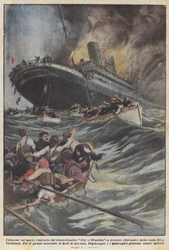 Havets tragedier, brannen fra havbåten City of Honolulu, tre hundre kilometer fra? av Achille Beltrame