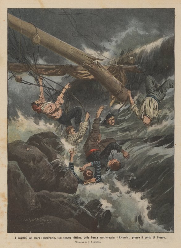 Dramaene fra havet, forliset, med fem ofre, av fiskebåten Ricordo ved havnen i Pesaro av Achille Beltrame