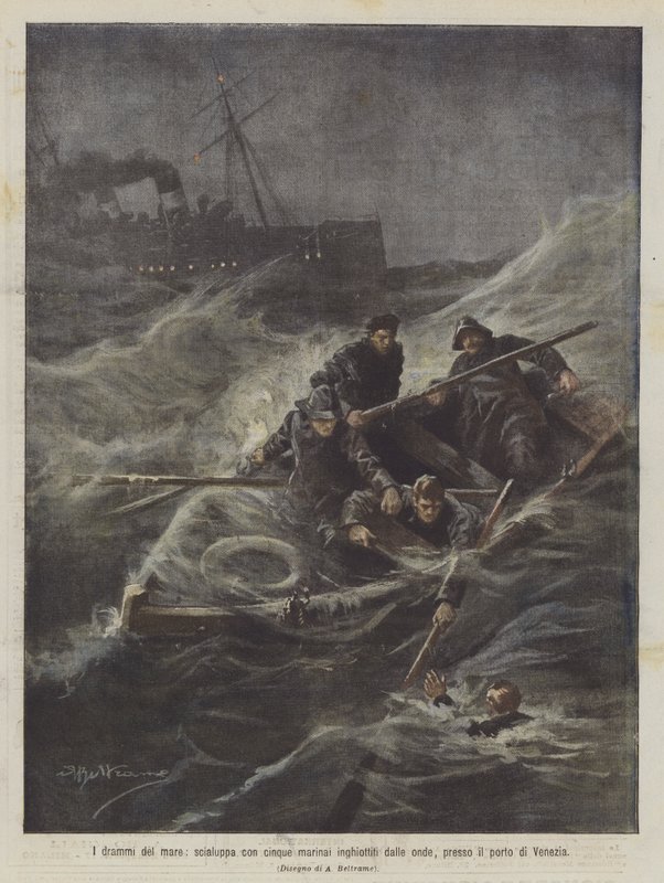 Havets dramaer, en livbåt med fem sjømenn slukt av bølgene, nær havnen i Venezia av Achille Beltrame