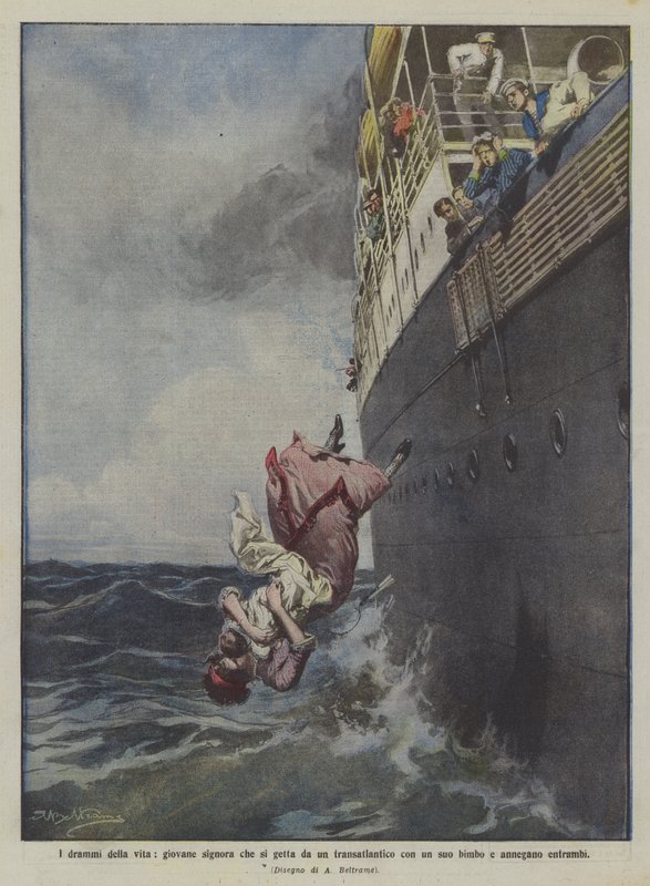 Livets dramaer, en ung dame som kaster seg fra en havbåt med babyen sin og begge drukner av Achille Beltrame