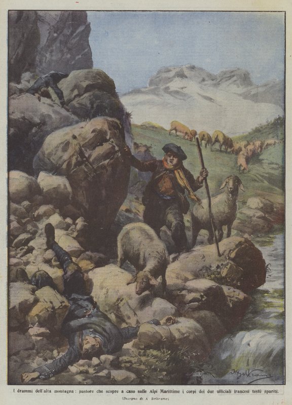 Dramaene til høyfjellene, en gjeter som tilfeldig oppdager likene til de to i de maritime alpene? av Achille Beltrame