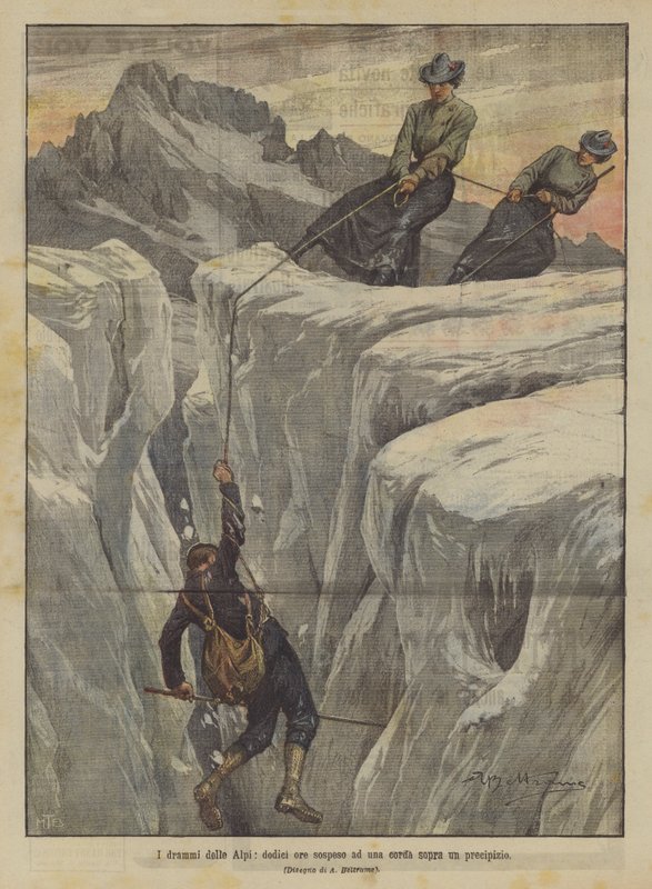 Alpenes dramaer, tolv timer hengt opp i et tau over et stup av Achille Beltrame