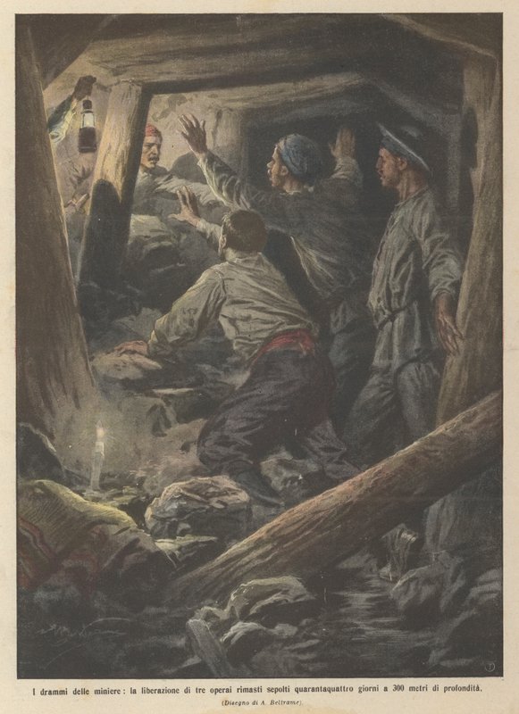 Gruvenes tragedier, løslatelsen av tre arbeidere som ble gravlagt 44 dager klokken 300? av Achille Beltrame