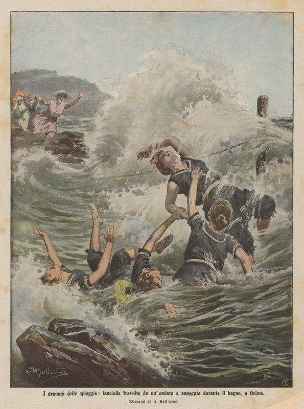 Dramaene på strendene, jenter overveldet av en bølge og druknet mens de badet, i Osimo av Achille Beltrame