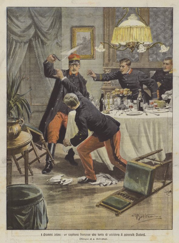 De intime dramaene, en fransk kaptein som prøver å drepe general Oudard av Achille Beltrame