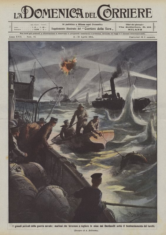 De store farene ved marinekrigføring, sjømenn som jobber med å rydde miner fra Dardanellene? av Achille Beltrame
