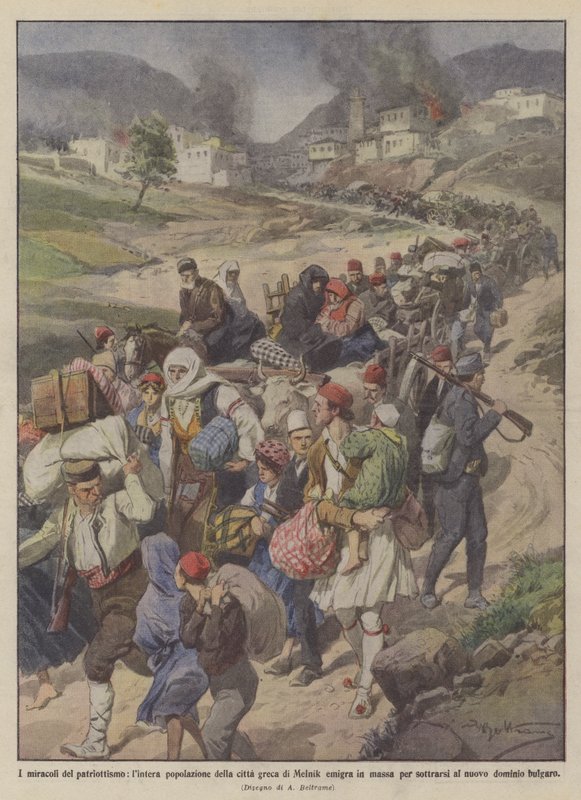 Patriotismens mirakler, emigrerer hele befolkningen i den greske byen Melnik massevis for? av Achille Beltrame