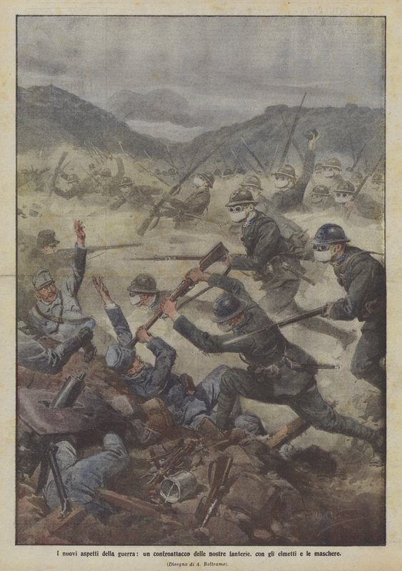 De nye sidene ved krig, et motangrep fra infanteriet vårt, med hjelmer og masker av Achille Beltrame