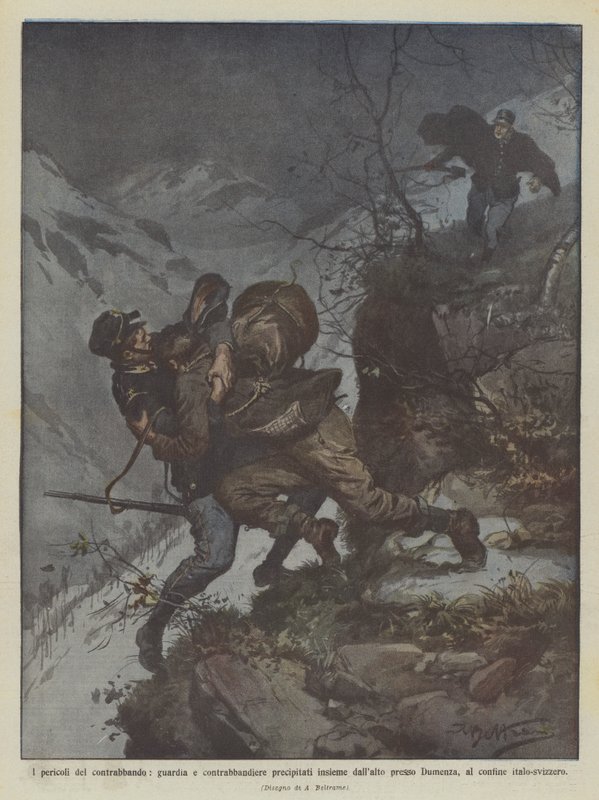 Farene ved smugling, vakt og smugler stormet sammen ovenfra kl? av Achille Beltrame