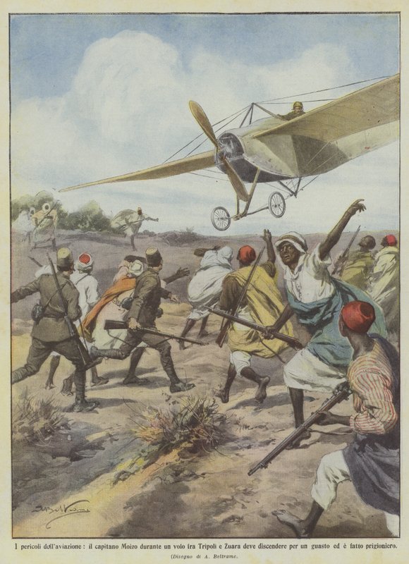 Farene ved luftfarten, må kaptein Moizo ned under en flytur mellom Tripoli og Zuara? av Achille Beltrame