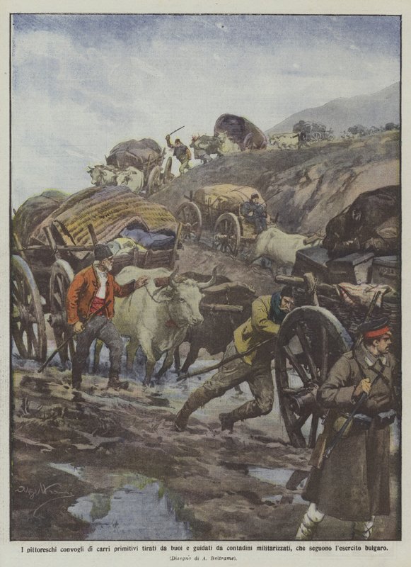 De pittoreske konvoiene av primitive oksetrukne vogner drevet av militariserte bønder? av Achille Beltrame