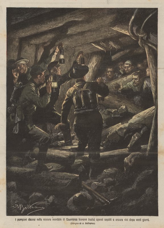 Brannmennene gikk ned i de oversvømmede gruvene i Courrieres, fant tretten arbeidere gravlagt og mer? av Achille Beltrame