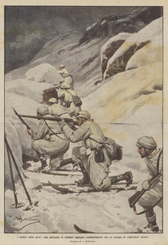 The Snow Soldiers, en skiløperpatrulje engasjerer seg i kamp med en gruppe fiendtlige speidere av Achille Beltrame