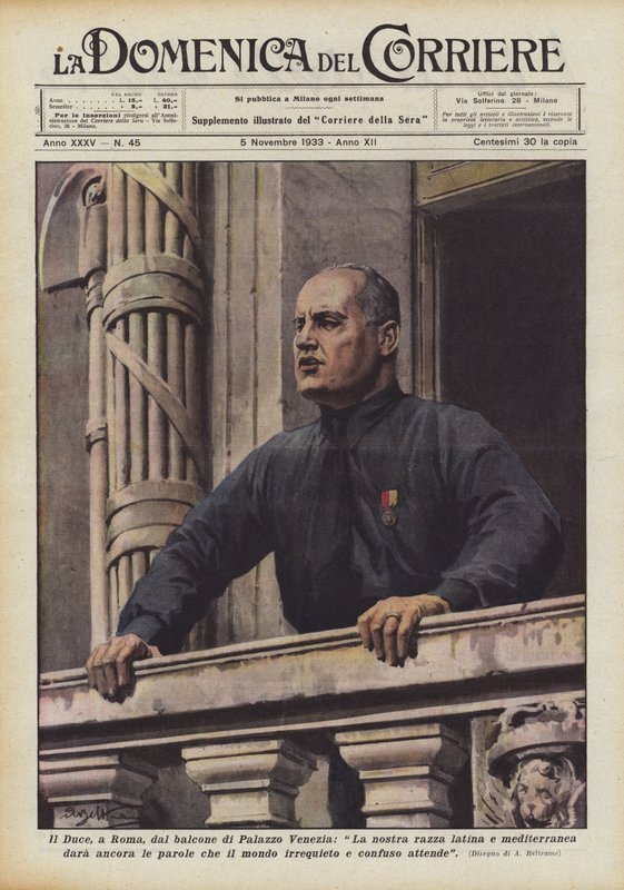 Il Duce, i Roma, fra balkongen til Palazzo Venezia, Vil vår latinske og middelhavsrase fortsatt gi? av Achille Beltrame