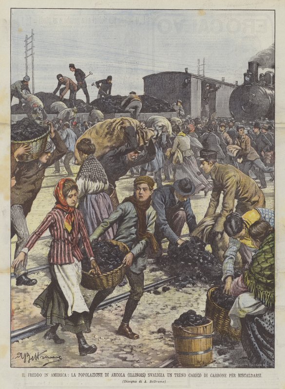 Kulden i Amerika, befolkningen i Arcola (Illinois) Pakk ut et tog lastet med kull for å varme opp av Achille Beltrame