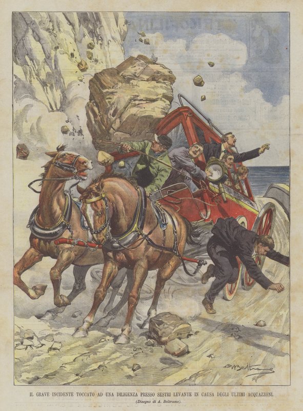 Den alvorlige ulykken rammet av en diligens i Sestri Levante på grunn av de siste bygene av Achille Beltrame