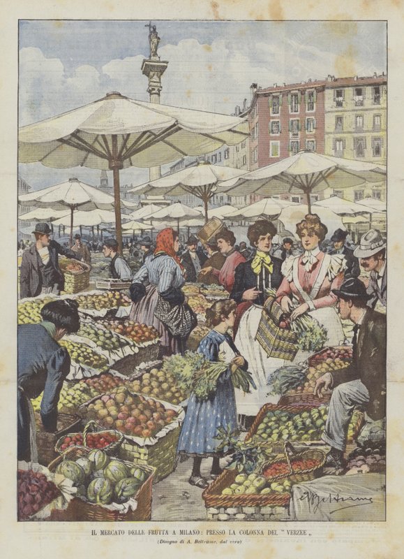 Fruktmarkedet i Milano, ved La Colonna Del Verzee av Achille Beltrame
