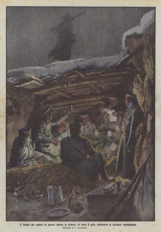 Julen til soldatene i krig inne i skyttergravene, frosten utenfor, den konstante frykten under jorden av Achille Beltrame