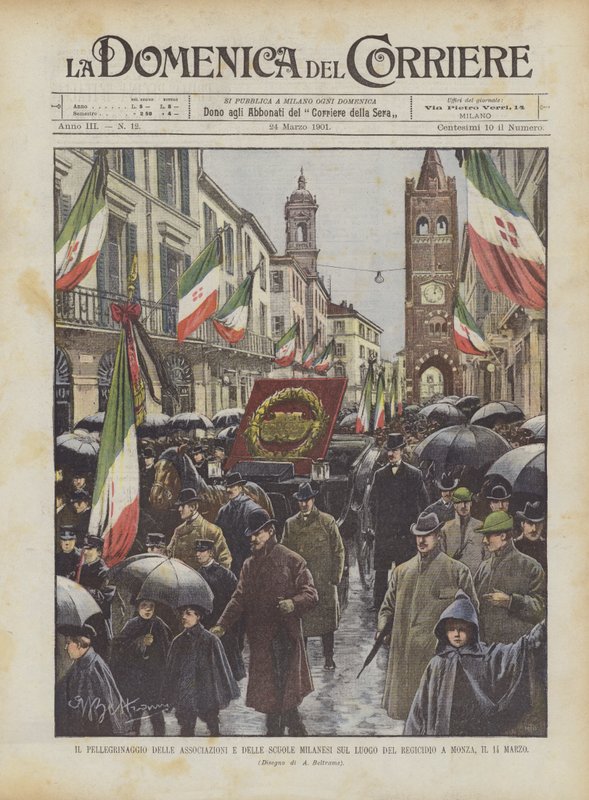 De milanesiske foreningenes og skolenes pilegrimsreise til regicidestedet i Monza, 14. mars av Achille Beltrame