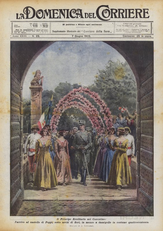 Kronprinsen i Casentino, ankomsten til slottet Poppi, under buer av blomster? av Achille Beltrame
