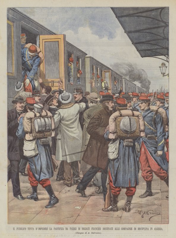 Prøver publikum å hindre franske soldater som er bestemt til selskaper i å forlate Paris? av Achille Beltrame