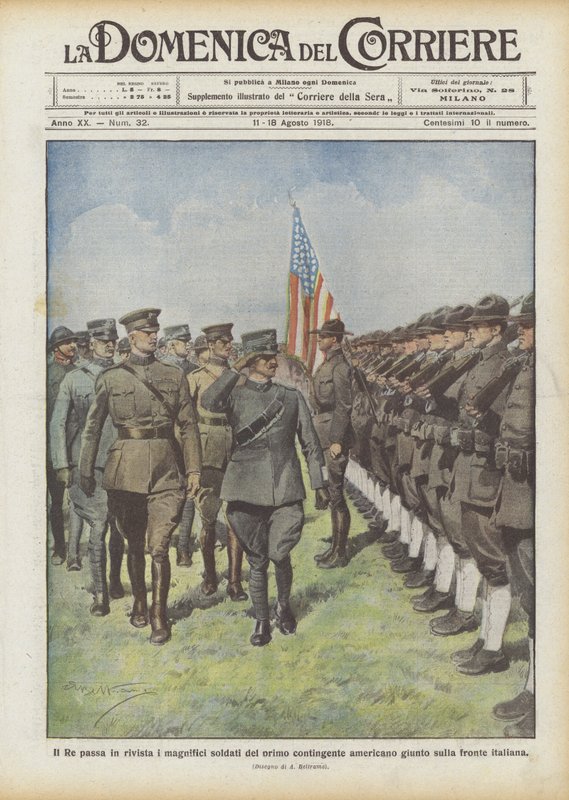 Kongen anmelder de praktfulle soldatene fra den første amerikanske kontingenten som ankom den italienske fronten av Achille Beltrame