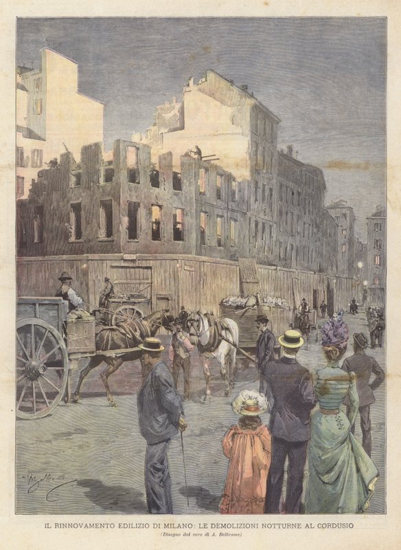 Renovering av Milano-bygningen, Natt-rivingen i Cordusio av Achille Beltrame