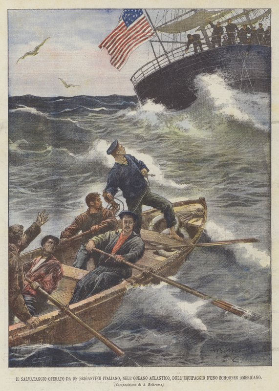 Redningen operert av en italiensk brigantine, i Atlanterhavet, av det amerikanske Schooner-mannskapet av Achille Beltrame