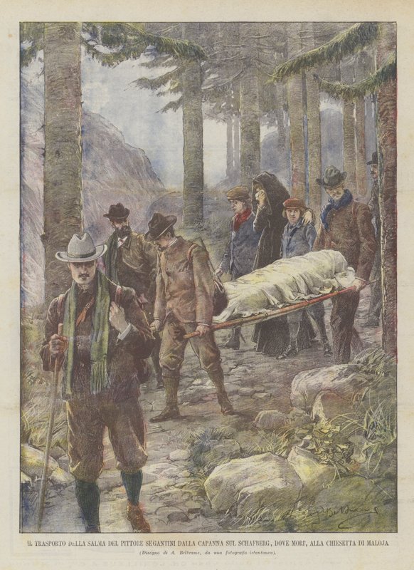 Transport av liket av maleren Segantini fra hytta på Schafberg, hvor han døde, til den lille kirken Maloja av Achille Beltrame