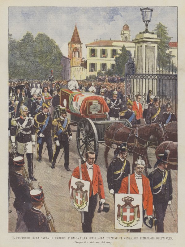 Transporten av kroppen til Umberto I ° fra den kongelige villaen til Monza stasjon, om ettermiddagen den 8. Korr. av Achille Beltrame