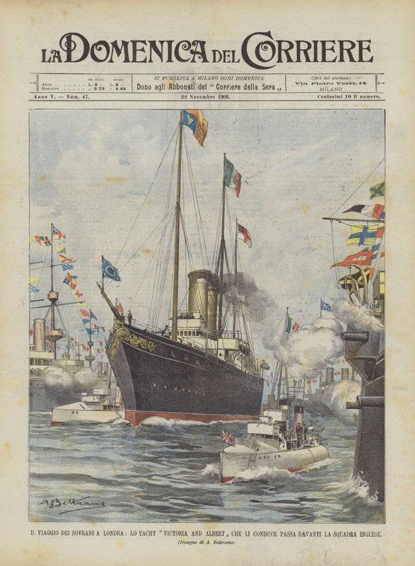 Reisen til suverene til London, yachten Victoria og Albert som fører dem passerer foran det engelske laget av Achille Beltrame