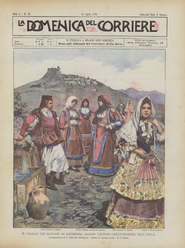 The Journey of the Suvereigns in Sardinia, noen karakteristiske kostymer på øya av Achille Beltrame