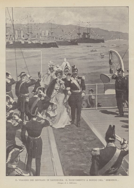 The Journey of the Sovereigns in Sardinia, mottaket om bord på Brennus av Achille Beltrame
