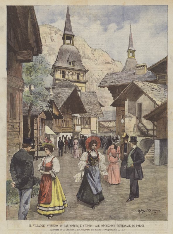 Den sveitsiske landsbyen, av Papier Mache og stubb, på den universelle utstillingen i Paris av Achille Beltrame