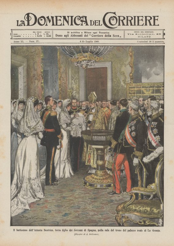 Dåpen til spedbarnet Beatrice, tredje datter av suverene i Spania, i tronsalen til? av Achille Beltrame